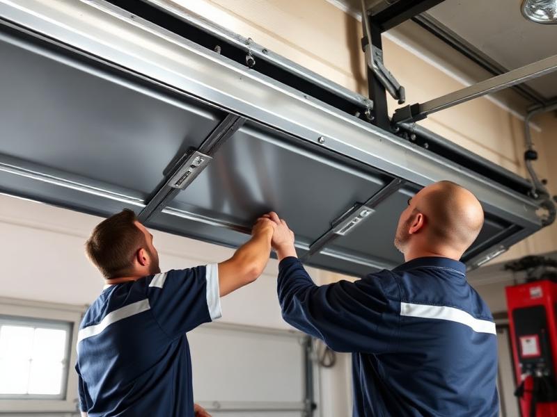Professional technicians performing garage door balance adjustment and testing