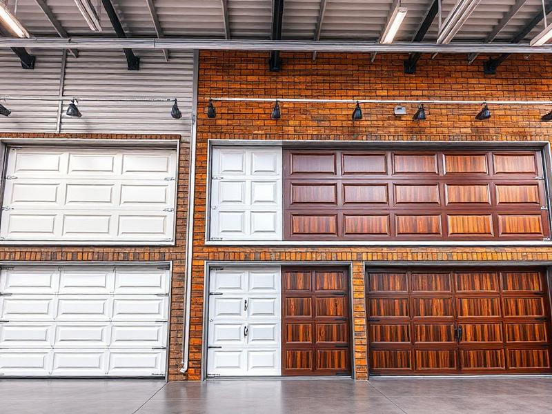 Showroom display of different garage door brands and styles including aluminum, steel, and wood options