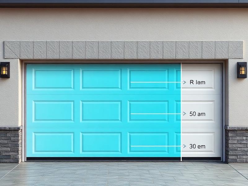 Energy efficient insulated garage door showing R-value insulation layers and thermal protection diagram