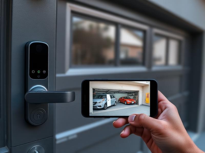 Smart phone showing garage door control app with smart lock integration for home security