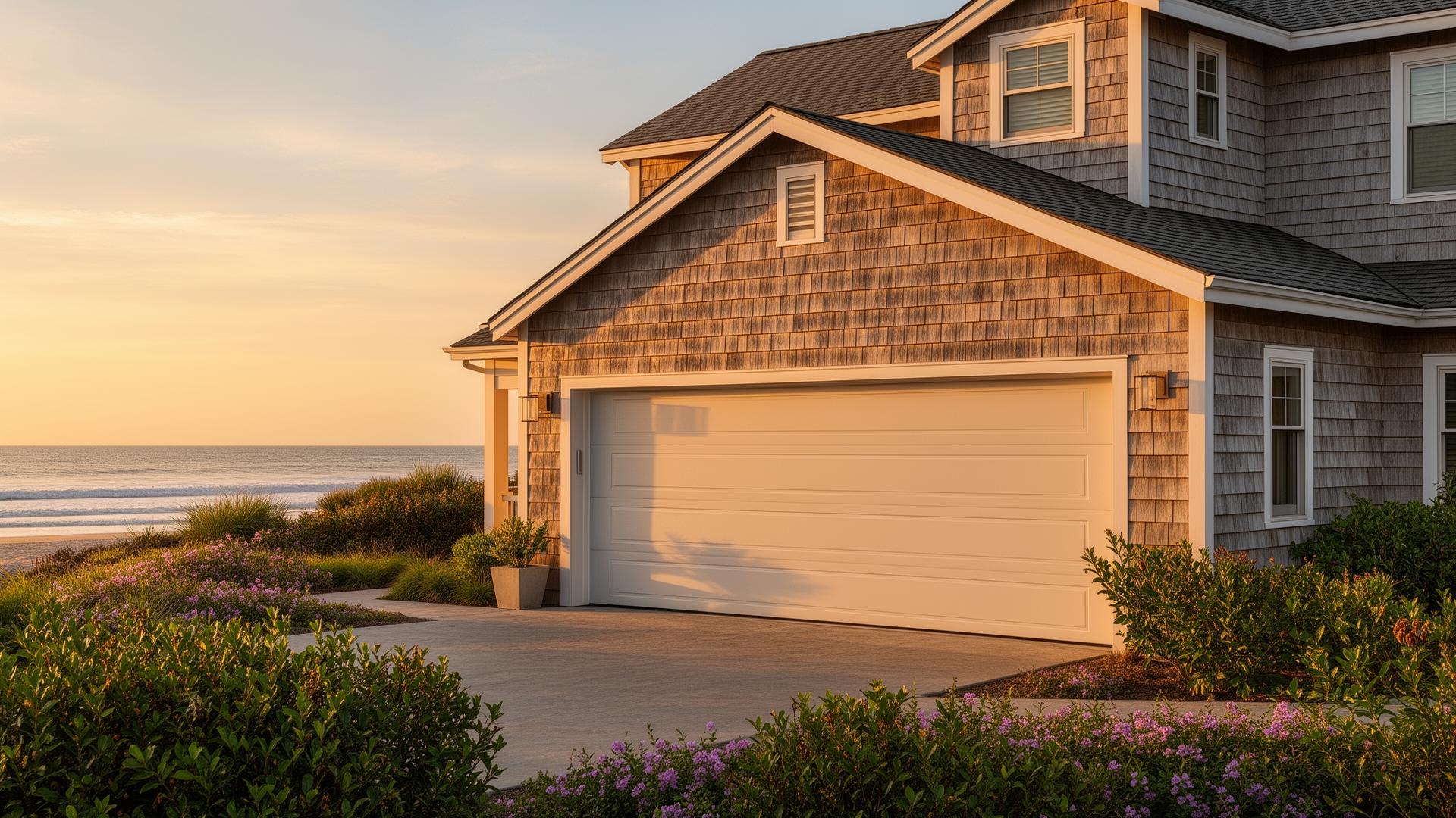 Premium ranch style horizontal panel garage door installation on coastal beach house